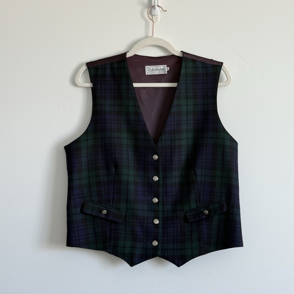 VTG Edinburgh Tartan Plaid Vest Blue Green New Wool Waistcoat Great Britain